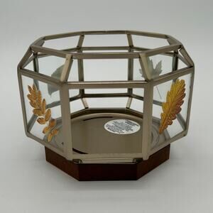 Bath & Body Works Gold Leaves Wood Base 3 Wick Candle Holder Sleeve
